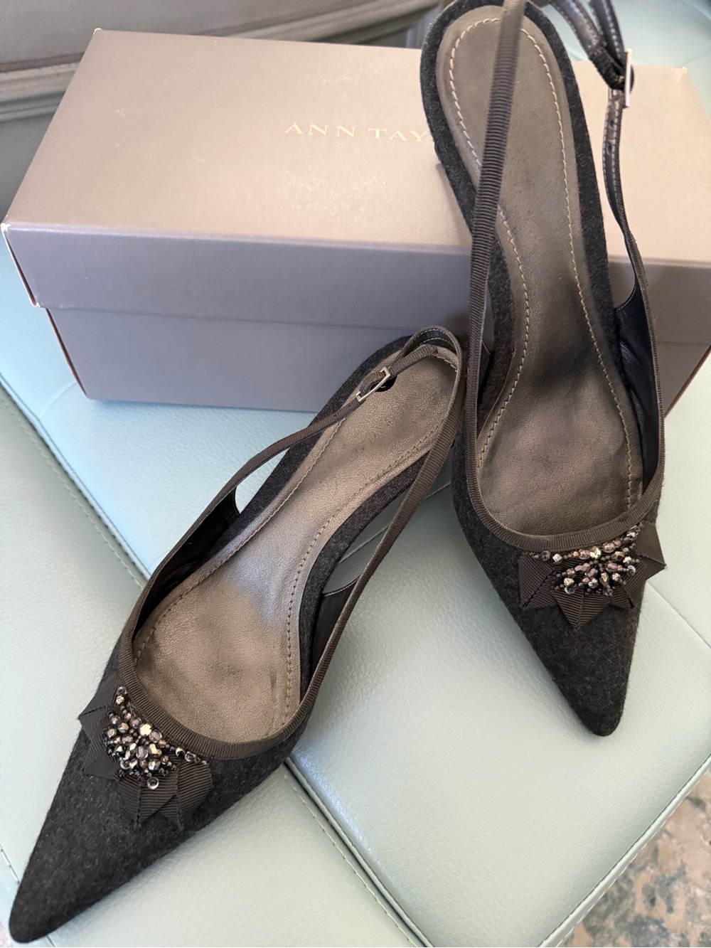 Ann Taylor Black Embellished Pointed-Toe Slingback Kitten Heels - 8.5